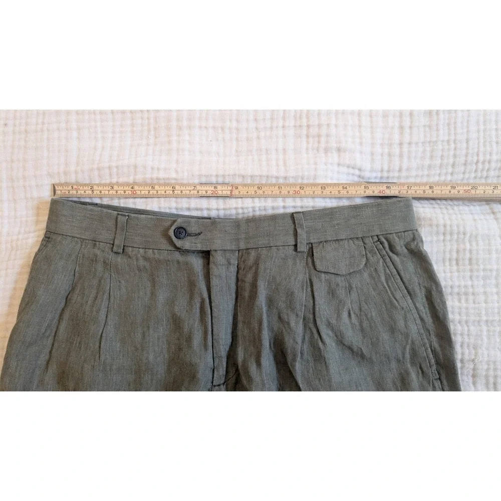 Stafford Mens 34x30 OG Sage Olive Green 100% Linen Baker Pants Pleated Cuffed